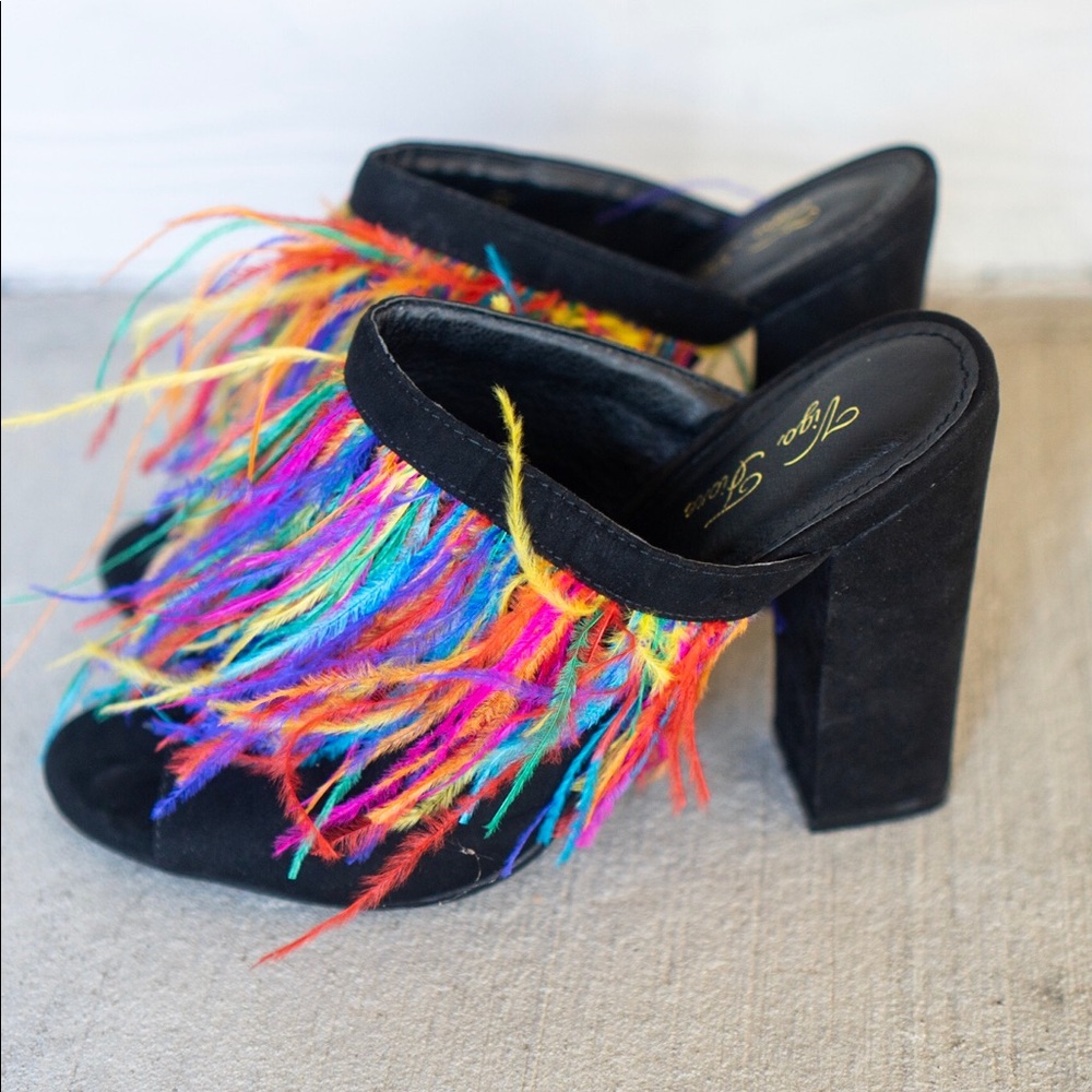 Multi Color Faux Feather Suede Mule - Worn Once
